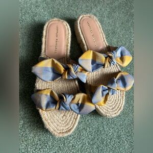 Loeffler Randall Blue and Yellow Daisy checkered bow Espadrille Sandals size 37